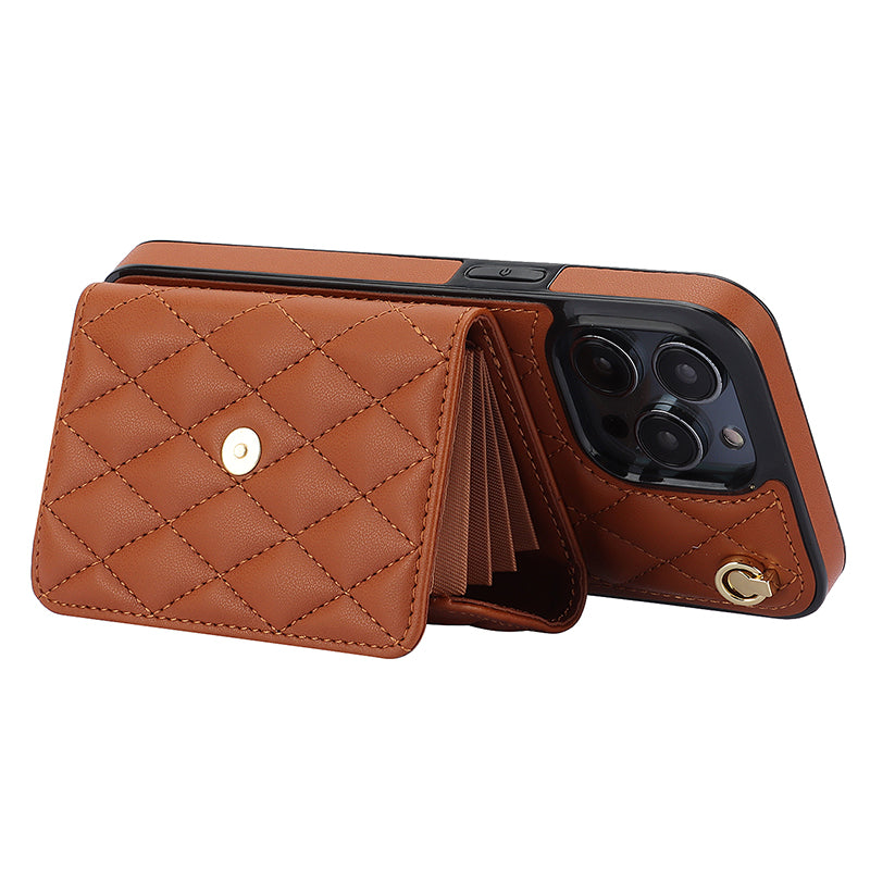 026 For iPhone 15 Pro Max PU Leather+TPU Kickstand Cover RFID Blocking Card Slots Phone Case with Short and Long Straps