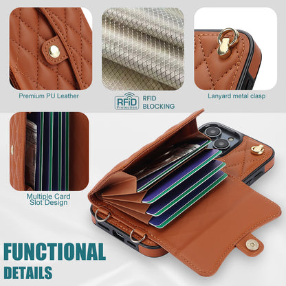 026 For iPhone 15 Pro Max PU Leather+TPU Kickstand Cover RFID Blocking Card Slots Phone Case with Short and Long Straps