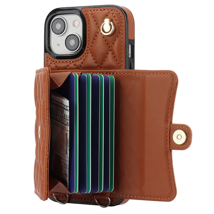 026 For iPhone 15 Plus PU Leather+TPU RFID Blocking Phone Case Card Holder Kickstand Cover with 2 Straps