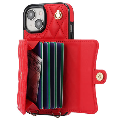 026 For iPhone 15 Plus PU Leather+TPU RFID Blocking Phone Case Card Holder Kickstand Cover with 2 Straps