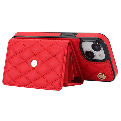 026 For iPhone 15 Plus PU Leather+TPU RFID Blocking Phone Case Card Holder Kickstand Cover with 2 Straps