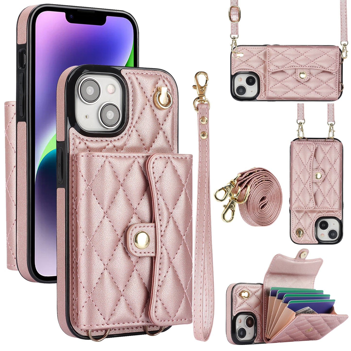 026 For iPhone 15 Plus PU Leather+TPU RFID Blocking Phone Case Card Holder Kickstand Cover with 2 Straps