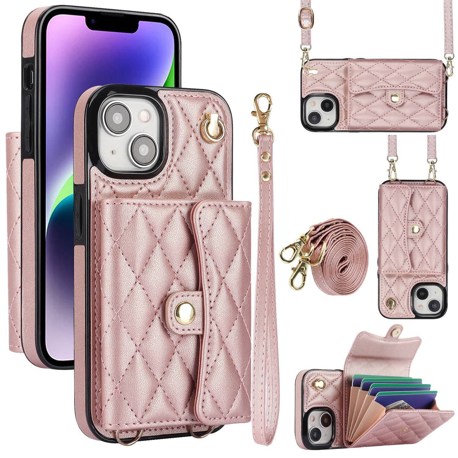 026 For iPhone 15 Plus PU Leather+TPU RFID Blocking Phone Case Card Holder Kickstand Cover with 2 Straps