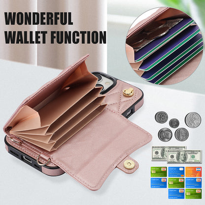 026 For iPhone 15 Plus PU Leather+TPU RFID Blocking Phone Case Card Holder Kickstand Cover with 2 Straps