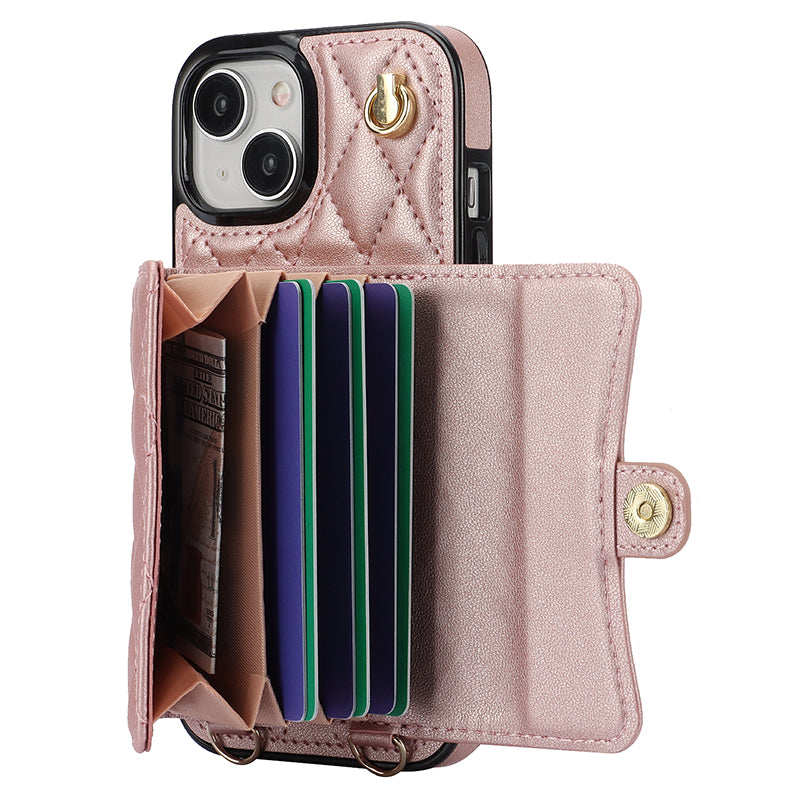 026 For iPhone 15 Plus PU Leather+TPU RFID Blocking Phone Case Card Holder Kickstand Cover with 2 Straps