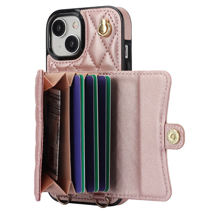 026 For iPhone 15 Plus PU Leather+TPU RFID Blocking Phone Case Card Holder Kickstand Cover with 2 Straps