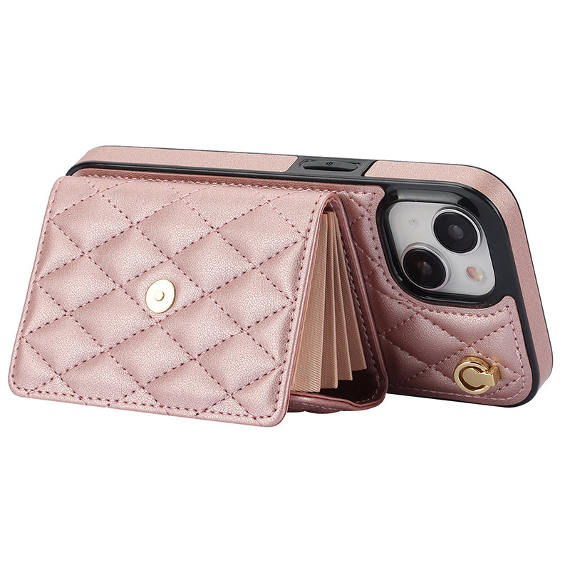 026 For iPhone 15 Plus PU Leather+TPU RFID Blocking Phone Case Card Holder Kickstand Cover with 2 Straps