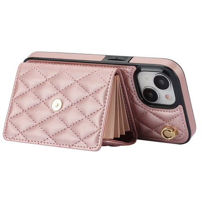 026 For iPhone 15 Plus PU Leather+TPU RFID Blocking Phone Case Card Holder Kickstand Cover with 2 Straps