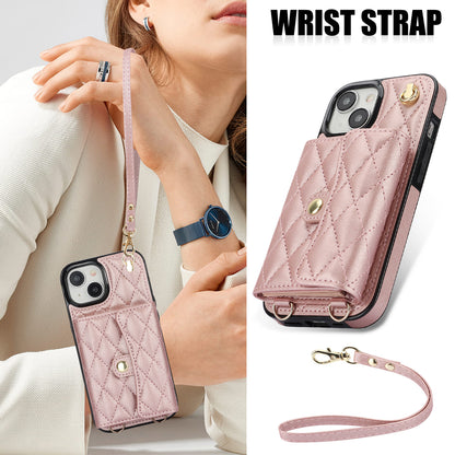 026 For iPhone 15 Plus PU Leather+TPU RFID Blocking Phone Case Card Holder Kickstand Cover with 2 Straps