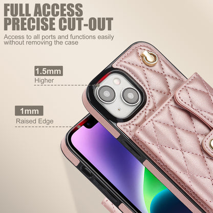 026 For iPhone 15 Plus PU Leather+TPU RFID Blocking Phone Case Card Holder Kickstand Cover with 2 Straps