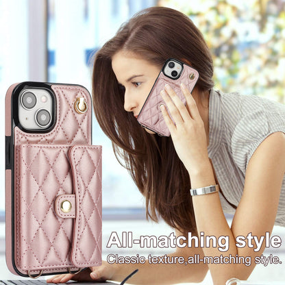026 For iPhone 15 Plus PU Leather+TPU RFID Blocking Phone Case Card Holder Kickstand Cover with 2 Straps