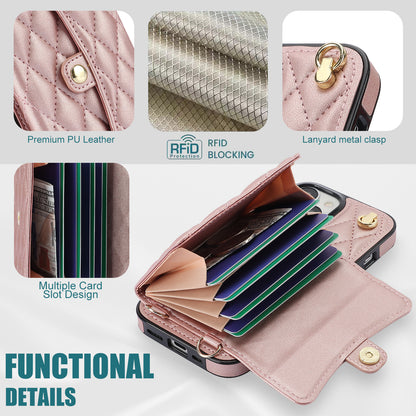 026 For iPhone 15 Plus PU Leather+TPU RFID Blocking Phone Case Card Holder Kickstand Cover with 2 Straps