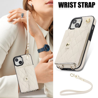 026 For iPhone 15 Plus PU Leather+TPU RFID Blocking Phone Case Card Holder Kickstand Cover with 2 Straps