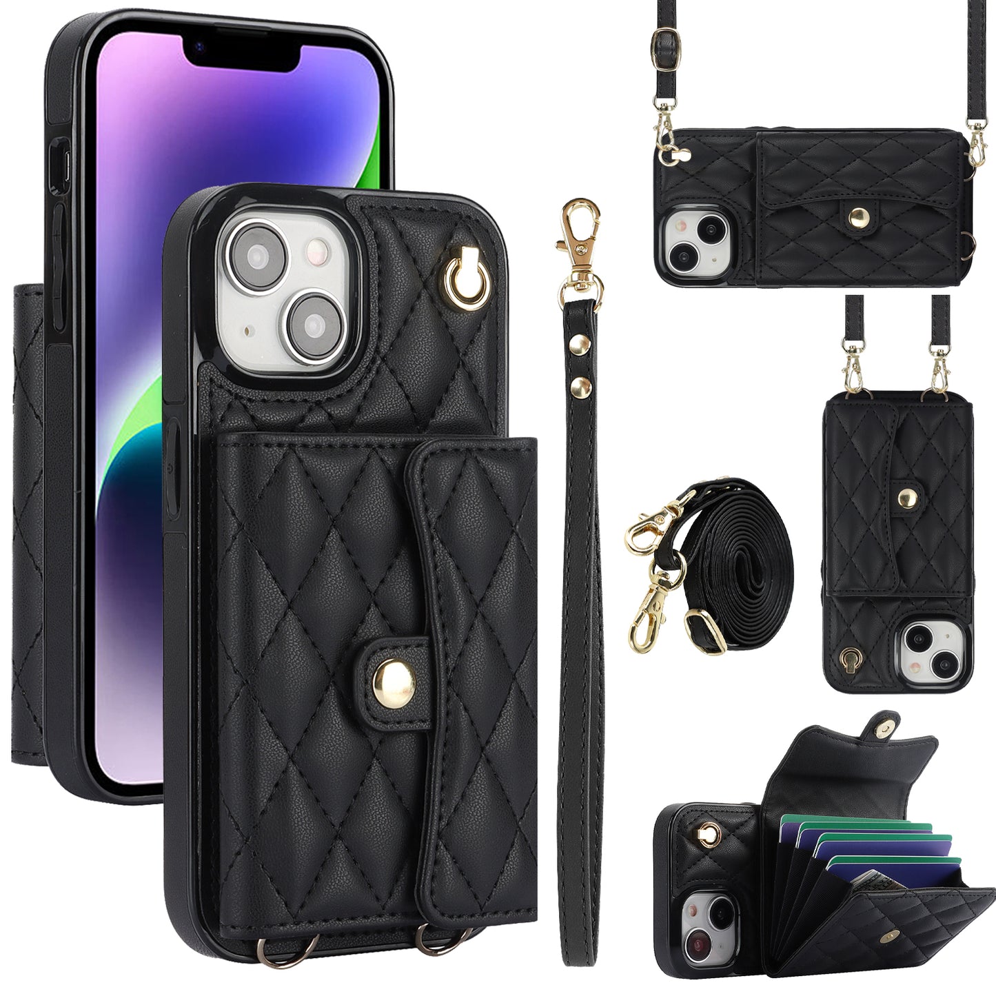 026 For iPhone 15 Plus PU Leather+TPU RFID Blocking Phone Case Card Holder Kickstand Cover with 2 Straps