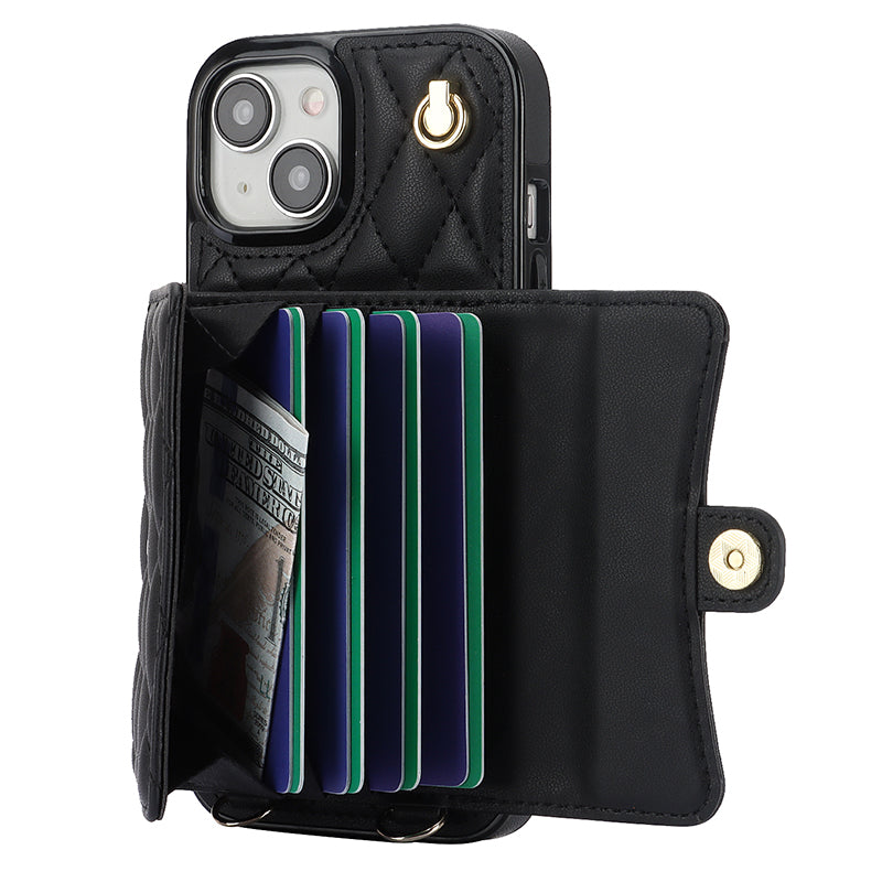 026 For iPhone 15 Plus PU Leather+TPU RFID Blocking Phone Case Card Holder Kickstand Cover with 2 Straps