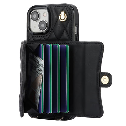 026 For iPhone 15 Plus PU Leather+TPU RFID Blocking Phone Case Card Holder Kickstand Cover with 2 Straps