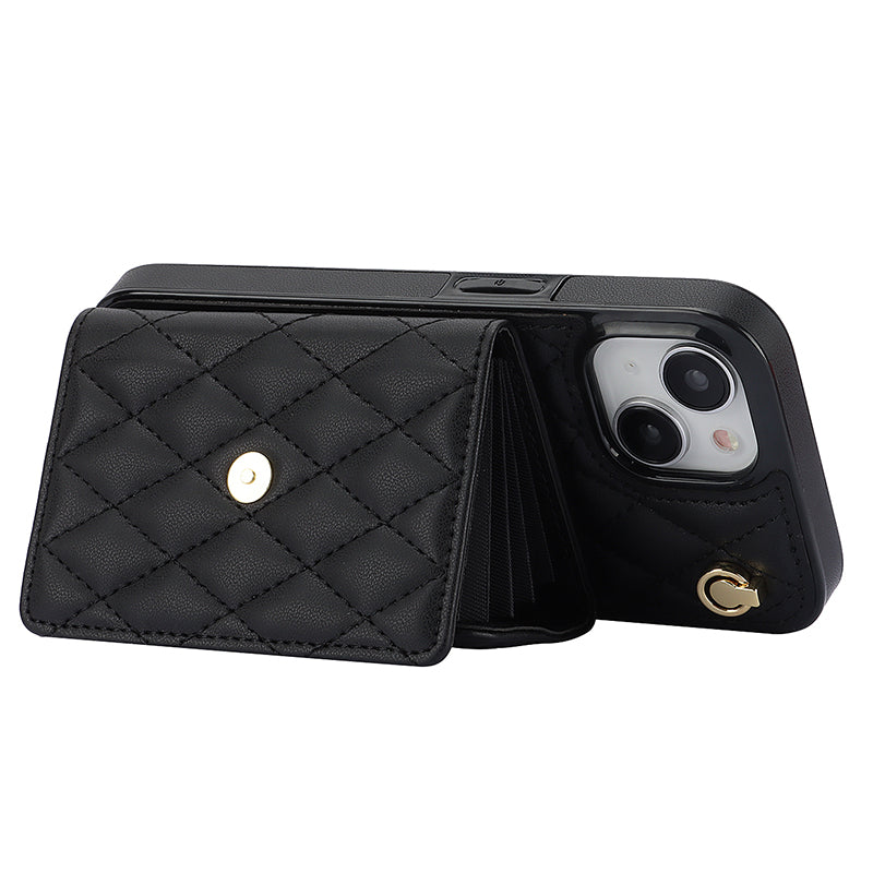 026 For iPhone 15 Plus PU Leather+TPU RFID Blocking Phone Case Card Holder Kickstand Cover with 2 Straps