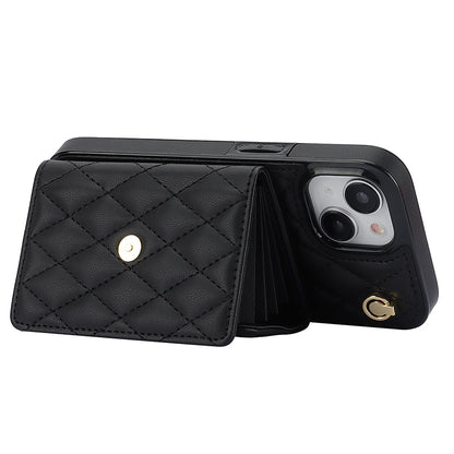 026 For iPhone 15 Plus PU Leather+TPU RFID Blocking Phone Case Card Holder Kickstand Cover with 2 Straps