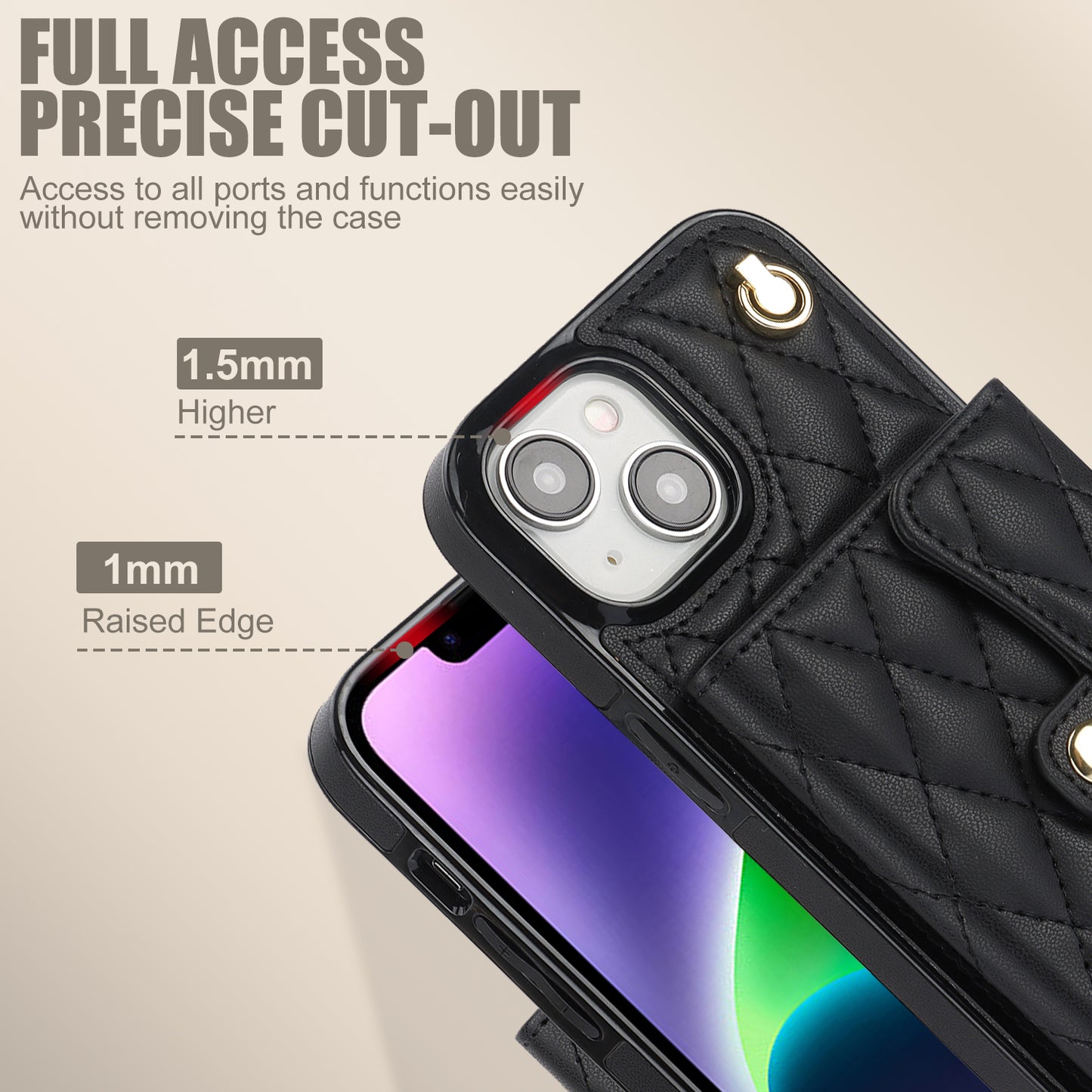 026 For iPhone 15 Plus PU Leather+TPU RFID Blocking Phone Case Card Holder Kickstand Cover with 2 Straps