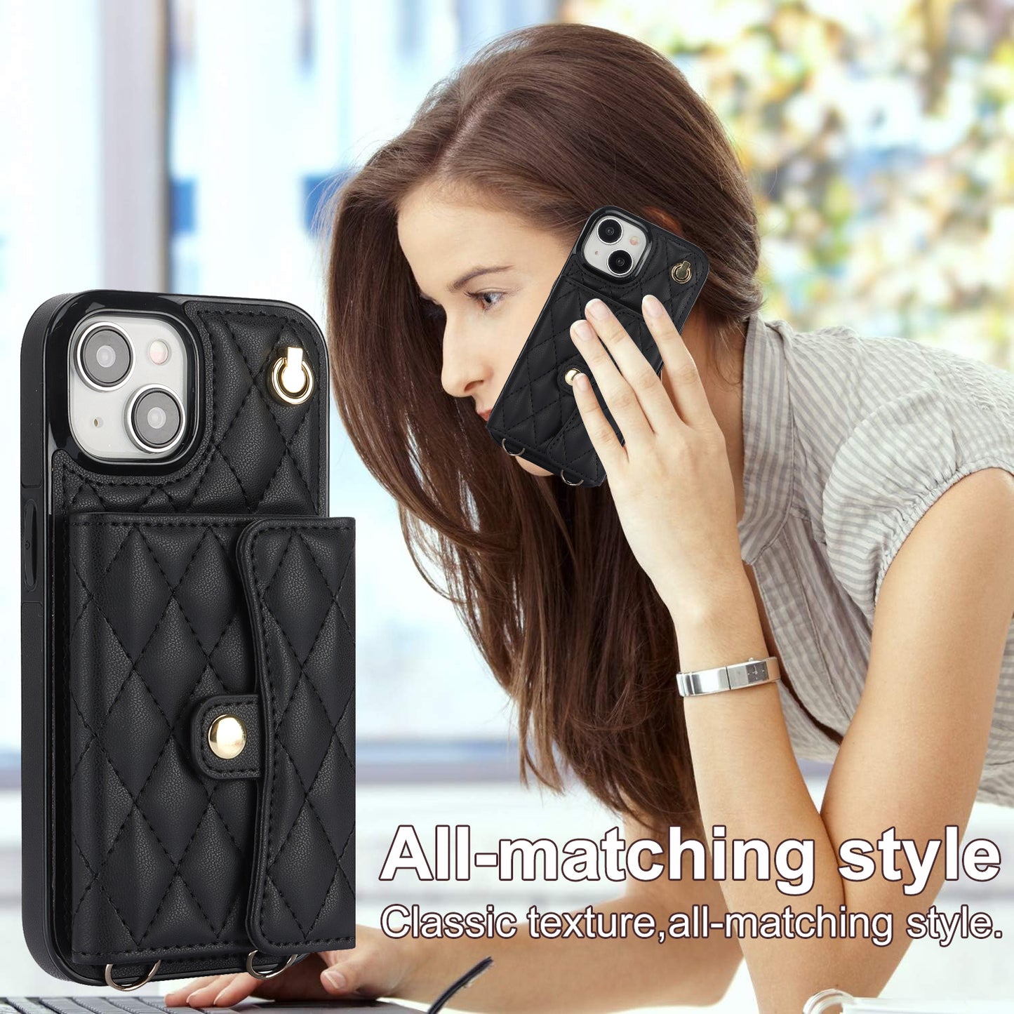 026 For iPhone 15 Plus PU Leather+TPU RFID Blocking Phone Case Card Holder Kickstand Cover with 2 Straps