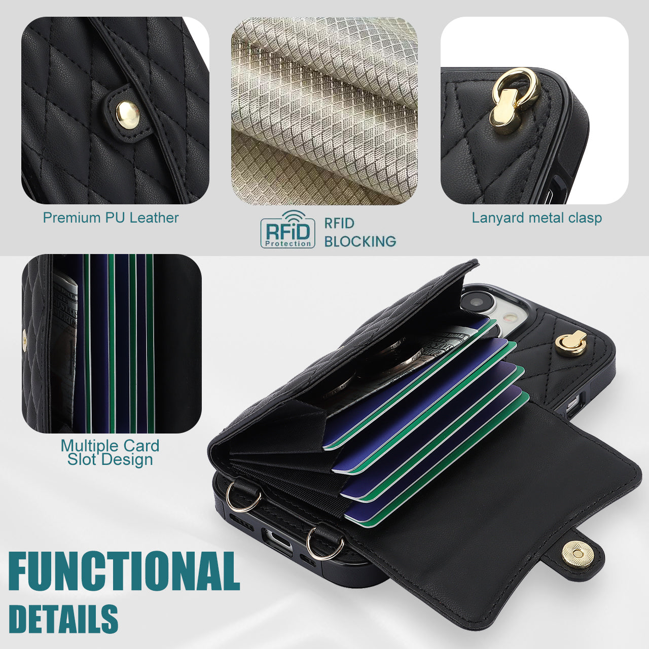 026 For iPhone 15 Plus PU Leather+TPU RFID Blocking Phone Case Card Holder Kickstand Cover with 2 Straps