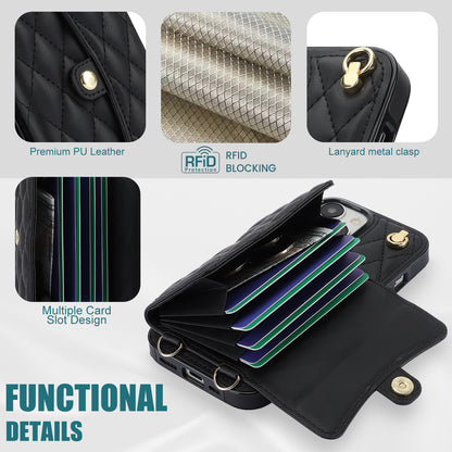 026 For iPhone 15 Plus PU Leather+TPU RFID Blocking Phone Case Card Holder Kickstand Cover with 2 Straps