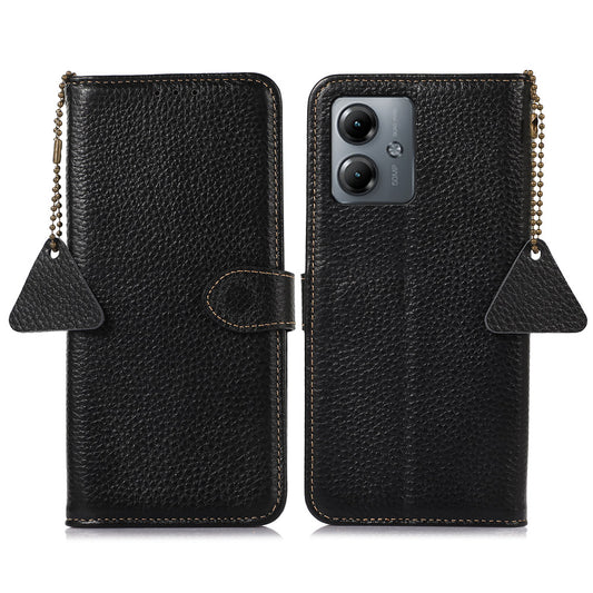 RFID Blocking Phone Cover for Motorola Moto G14 4G , Wallet Stand Genuine Cow Leather Phone Case