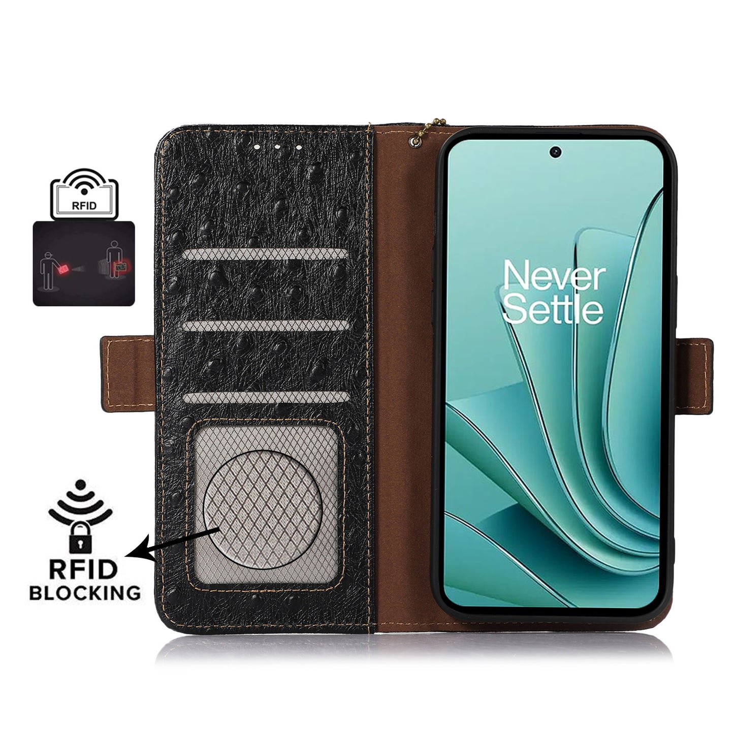 RFID Blocking Phone Case for OnePlus Ace 2 Pro 5G , Genuine Cow Leather Cover with Wallet Stand