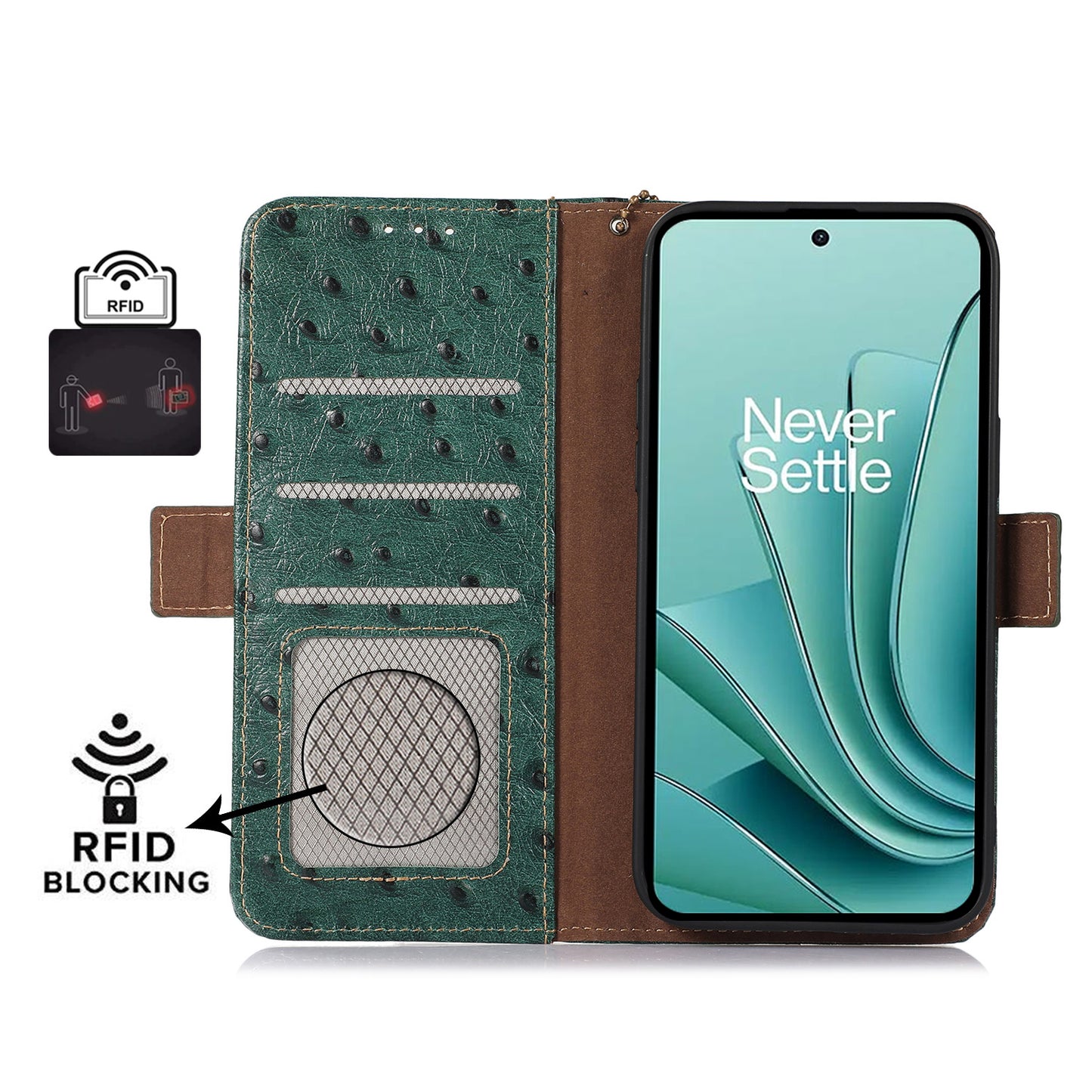 RFID Blocking Phone Case for OnePlus Ace 2 Pro 5G , Genuine Cow Leather Cover with Wallet Stand