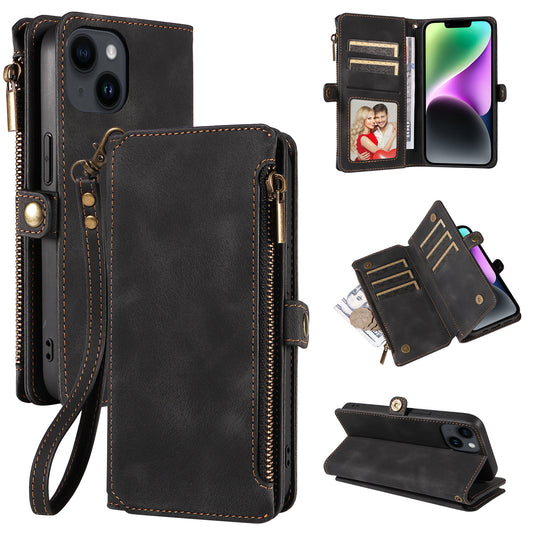RFID Blocking Wallet Case for iPhone 15 Pro Max , Zipper Pocket Leather Stand Phone Cover