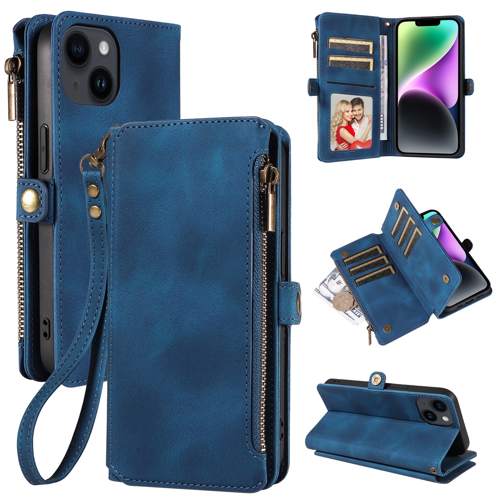 RFID Blocking Wallet Case for iPhone 15 Pro Max , Zipper Pocket Leather Stand Phone Cover