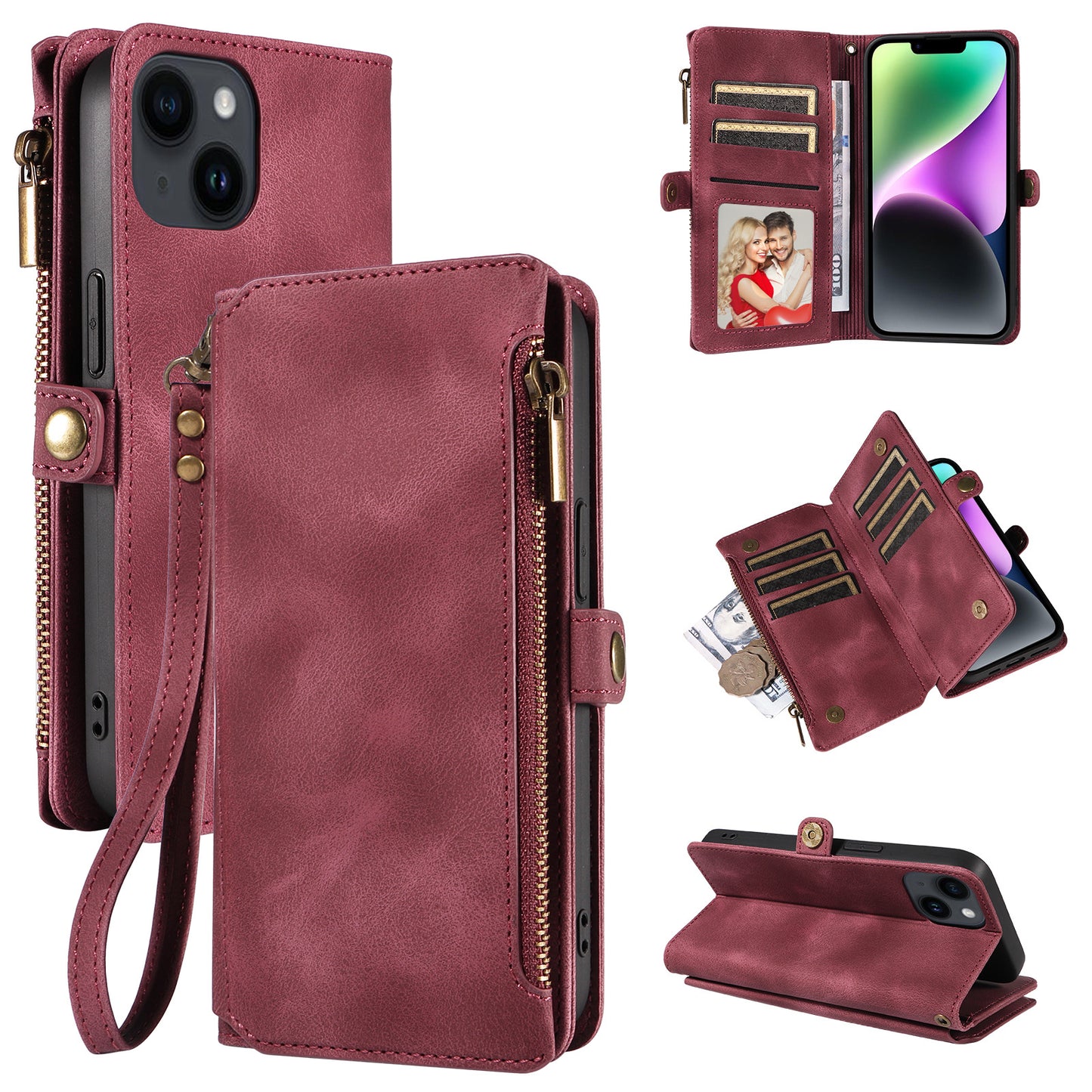 RFID Blocking Wallet Case for iPhone 15 Pro Max , Zipper Pocket Leather Stand Phone Cover