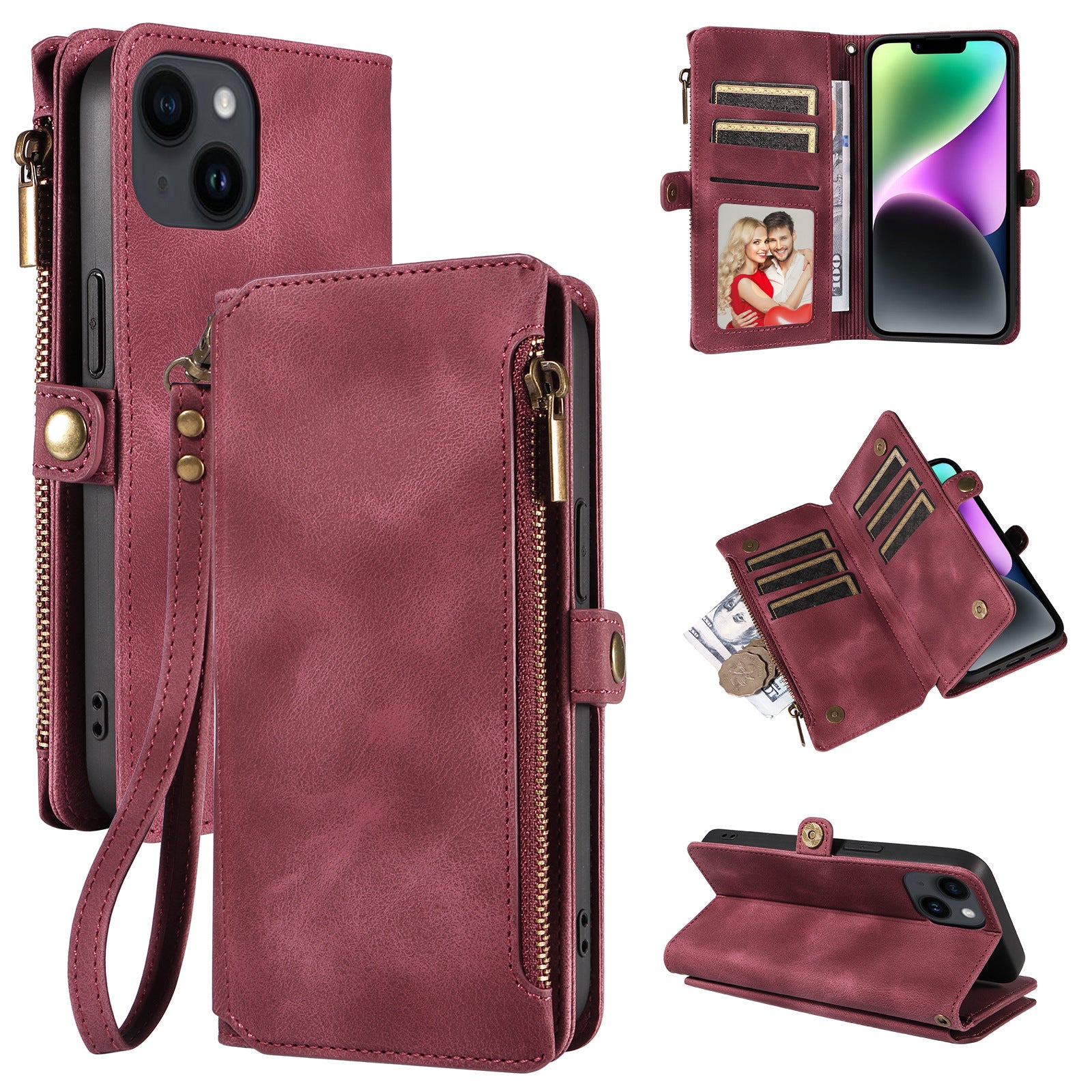 RFID Blocking Wallet Case for iPhone 15 Pro Max , Zipper Pocket Leather Stand Phone Cover
