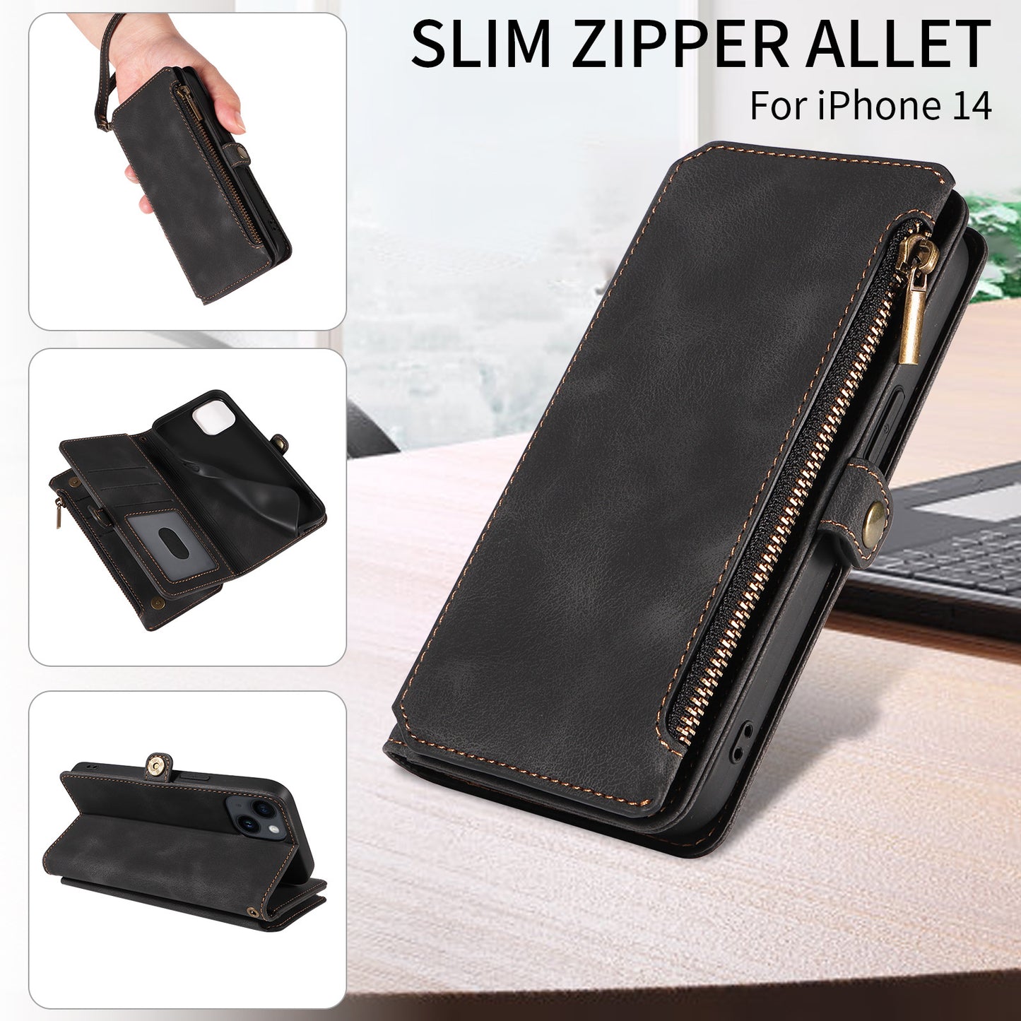 RFID Blocking Wallet Case for iPhone 15 Pro Max , Zipper Pocket Leather Stand Phone Cover