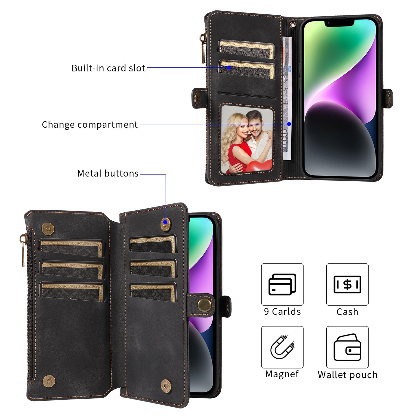 RFID Blocking Wallet Case for iPhone 15 Pro Max , Zipper Pocket Leather Stand Phone Cover