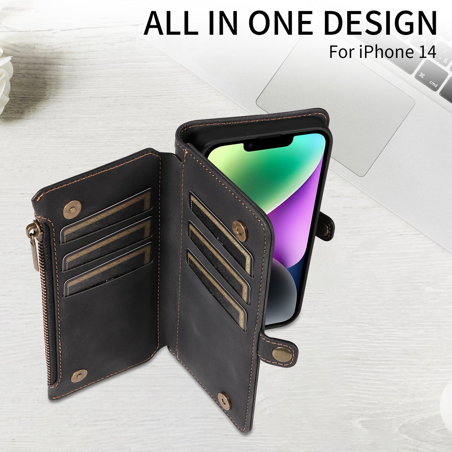 RFID Blocking Wallet Case for iPhone 15 Pro Max , Zipper Pocket Leather Stand Phone Cover