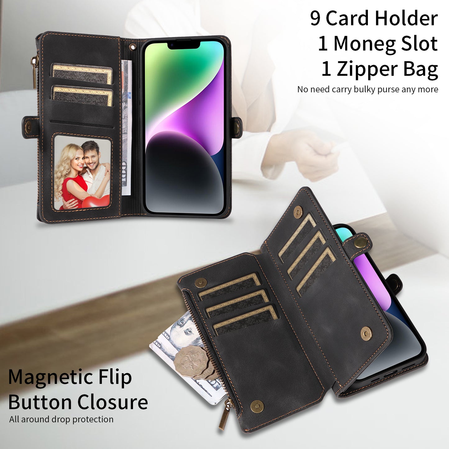 RFID Blocking Wallet Case for iPhone 15 Pro Max , Zipper Pocket Leather Stand Phone Cover