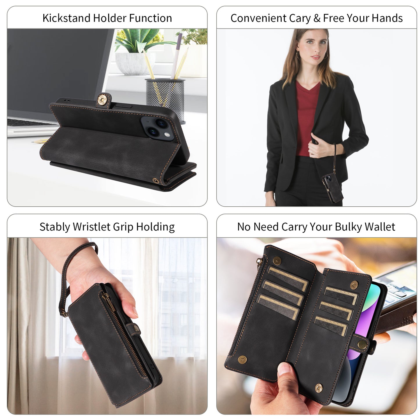 RFID Blocking Wallet Case for iPhone 15 Pro Max , Zipper Pocket Leather Stand Phone Cover