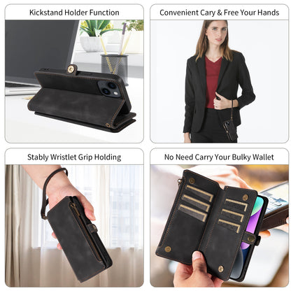 RFID Blocking Wallet Case for iPhone 15 Pro Max , Zipper Pocket Leather Stand Phone Cover