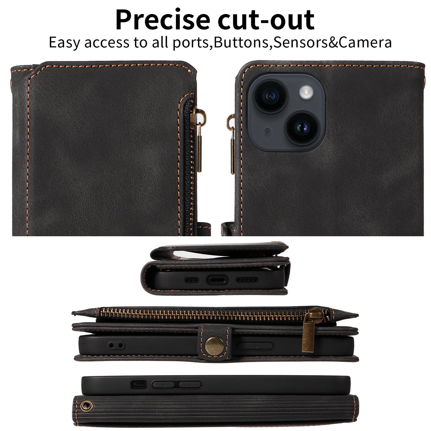 RFID Blocking Wallet Case for iPhone 15 Pro Max , Zipper Pocket Leather Stand Phone Cover