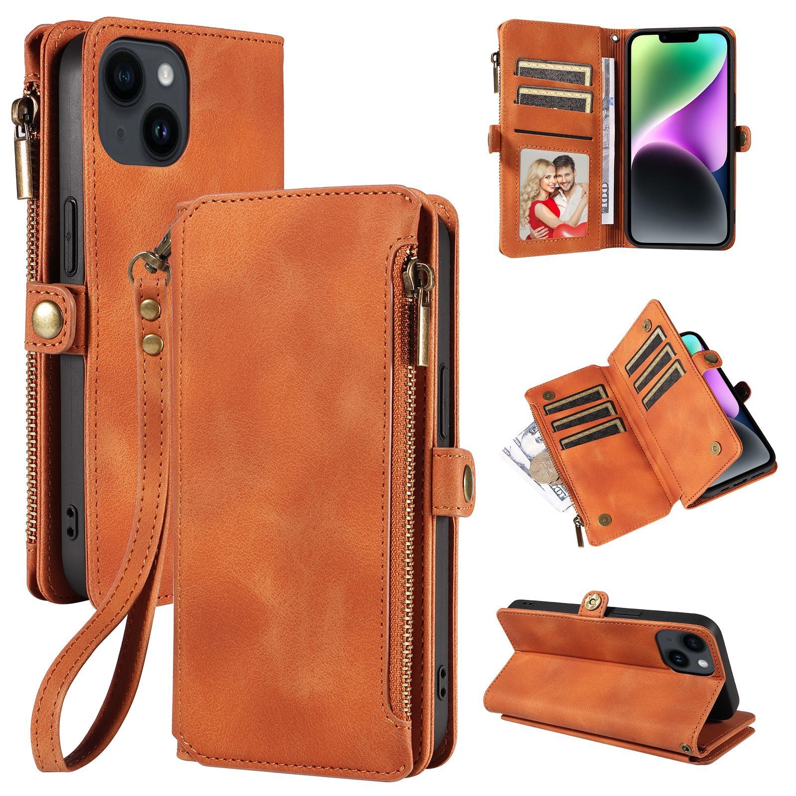 RFID Blocking Wallet Case for iPhone 15 Pro Max , Zipper Pocket Leather Stand Phone Cover