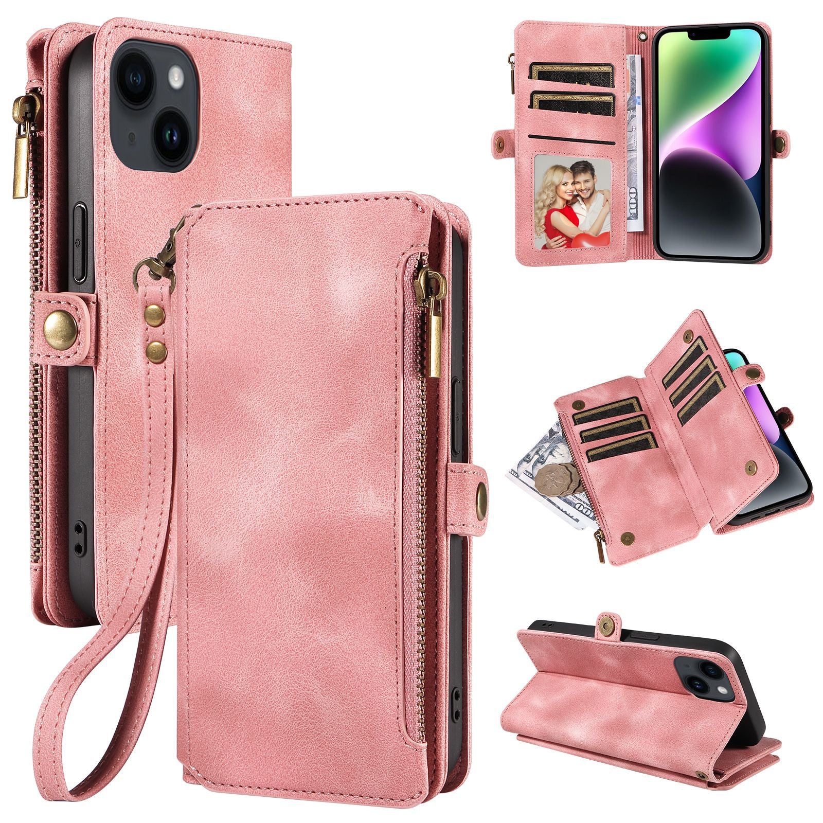 RFID Blocking Wallet Case for iPhone 15 Pro Max , Zipper Pocket Leather Stand Phone Cover