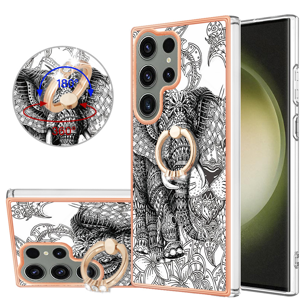 YB IMD Series-20 Style D for Samsung Galaxy S23 Ultra TPU Phone Case IMD Pattern Kickstand 2.0mm Electroplating Cover
