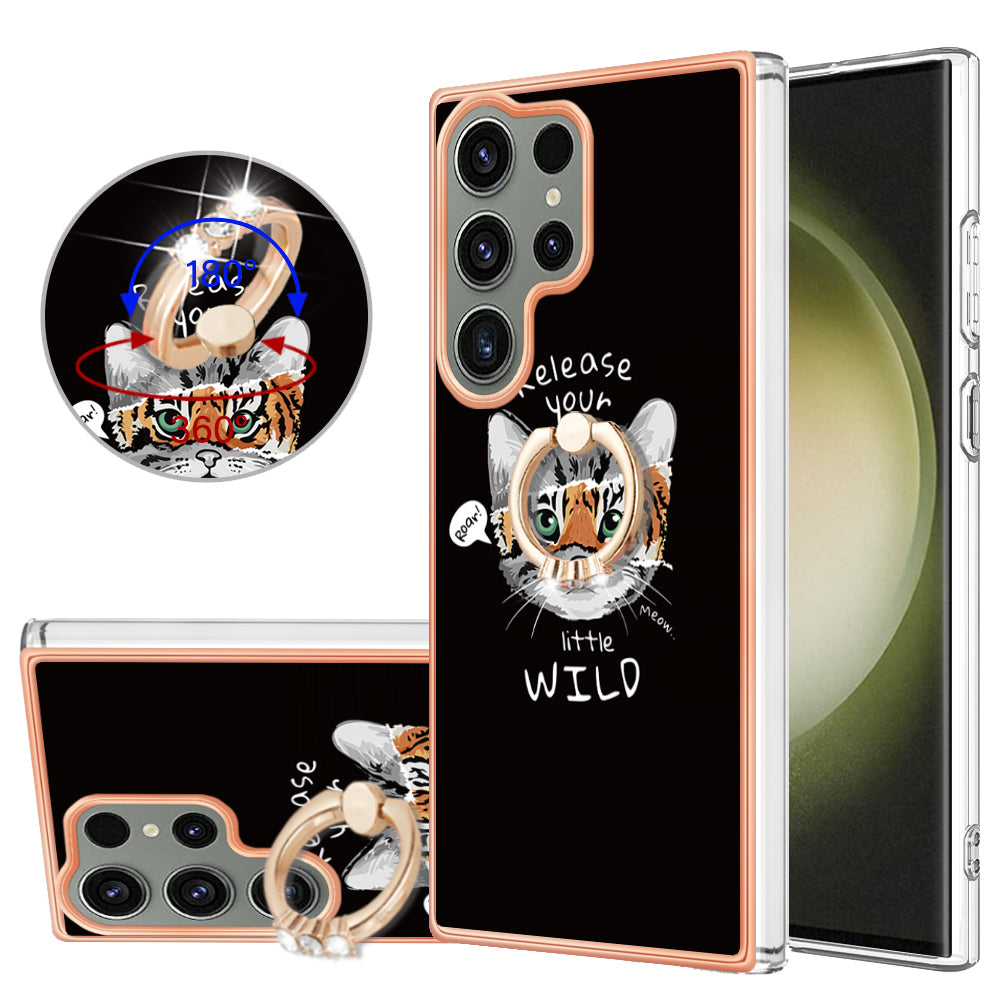 YB IMD Series-20 Style D for Samsung Galaxy S23 Ultra TPU Phone Case IMD Pattern Kickstand 2.0mm Electroplating Cover