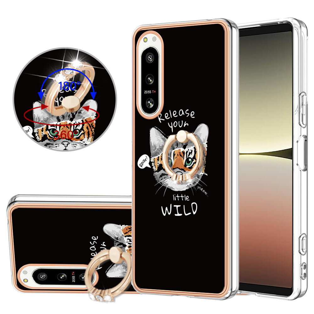 YB IMD Series-20 Style D Kickstand Phone Cover for Sony Xperia 5 IV 5G 2.0mm IMD Pattern Electroplating TPU Cover