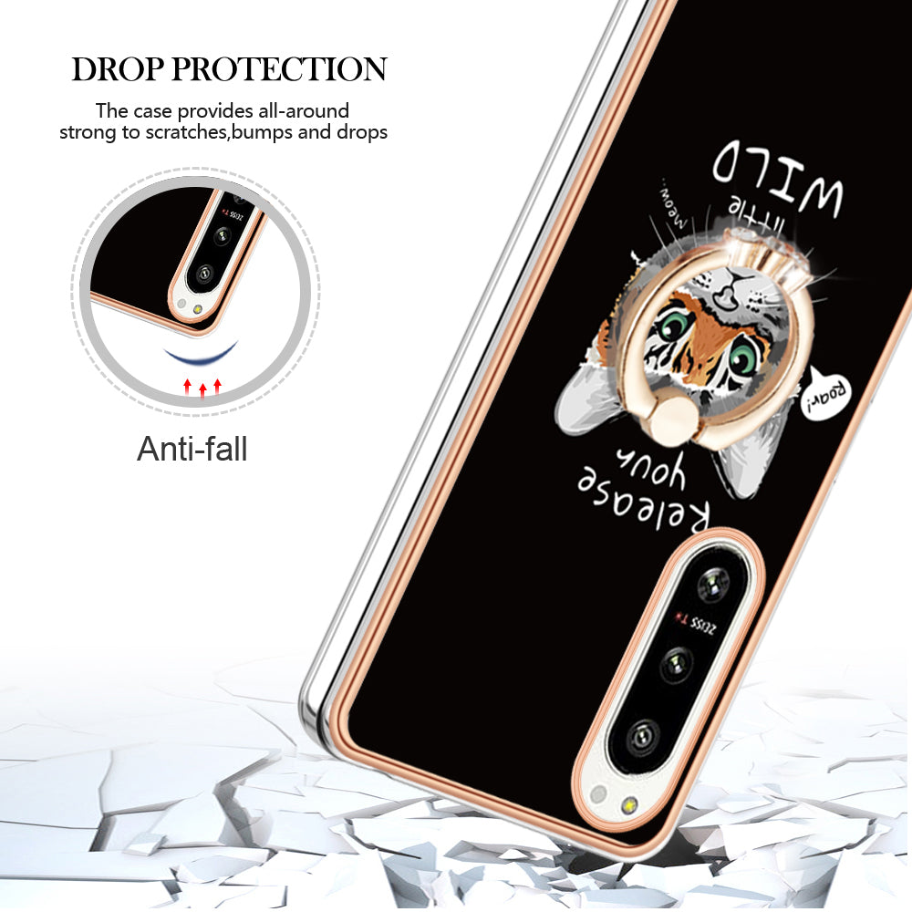 YB IMD Series-20 Style D Kickstand Phone Cover for Sony Xperia 5 IV 5G 2.0mm IMD Pattern Electroplating TPU Cover
