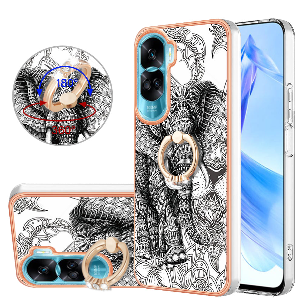 YB IMD Series-20 Style D TPU Phone Cover for Honor 90 Lite 5G , 2.0mm IMD Pattern Kickstand Electroplating Case