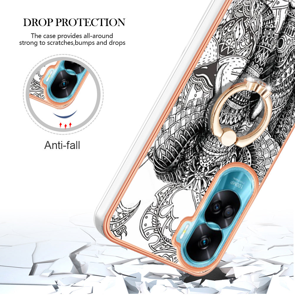 YB IMD Series-20 Style D TPU Phone Cover for Honor 90 Lite 5G , 2.0mm IMD Pattern Kickstand Electroplating Case