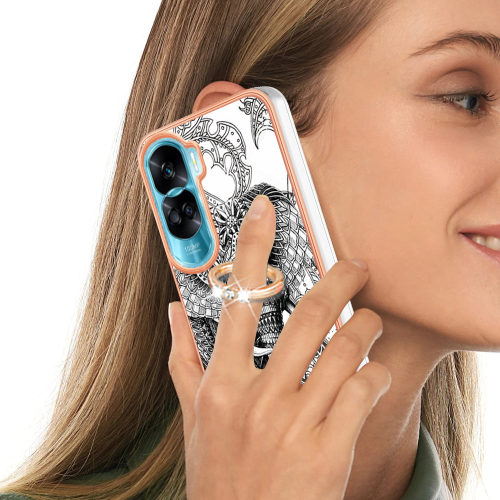 YB IMD Series-20 Style D TPU Phone Cover for Honor 90 Lite 5G , 2.0mm IMD Pattern Kickstand Electroplating Case