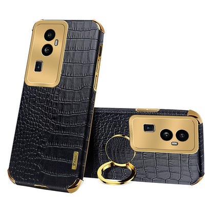 For Oppo Reno10 Pro+ 5G Crocodile Texture Ring Kickstand Phone Case 6D Electroplated Leather+TPU Cover